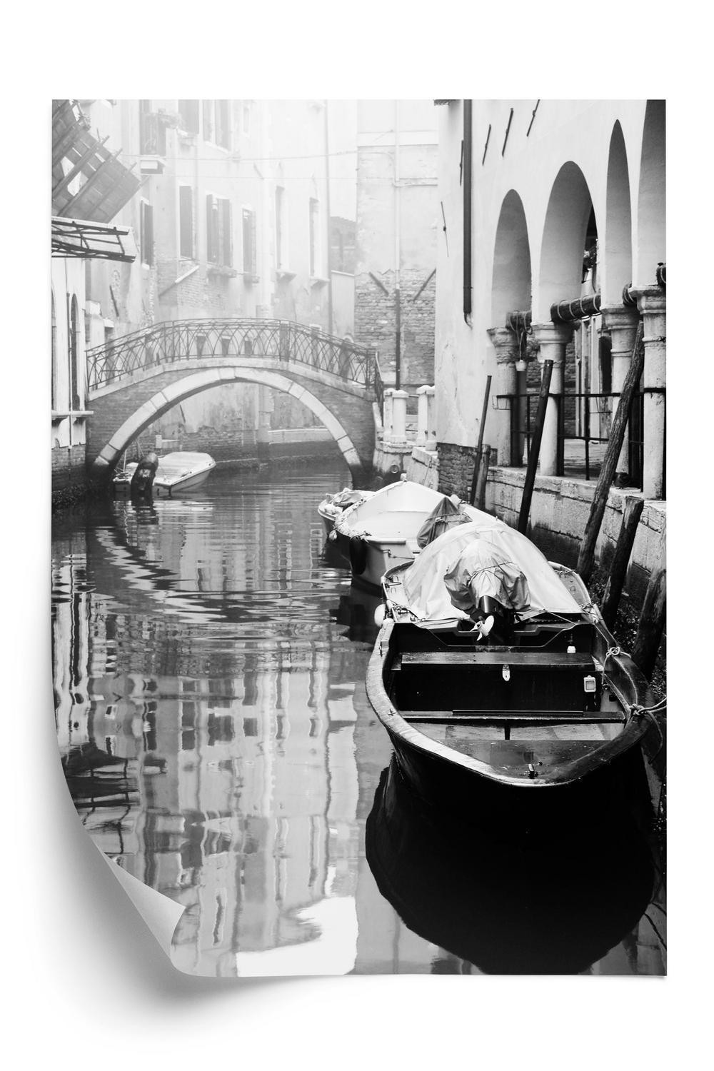 Hvid Plakat Italiensk Venedig Med Gondoler Sort - Doboxa Plakater