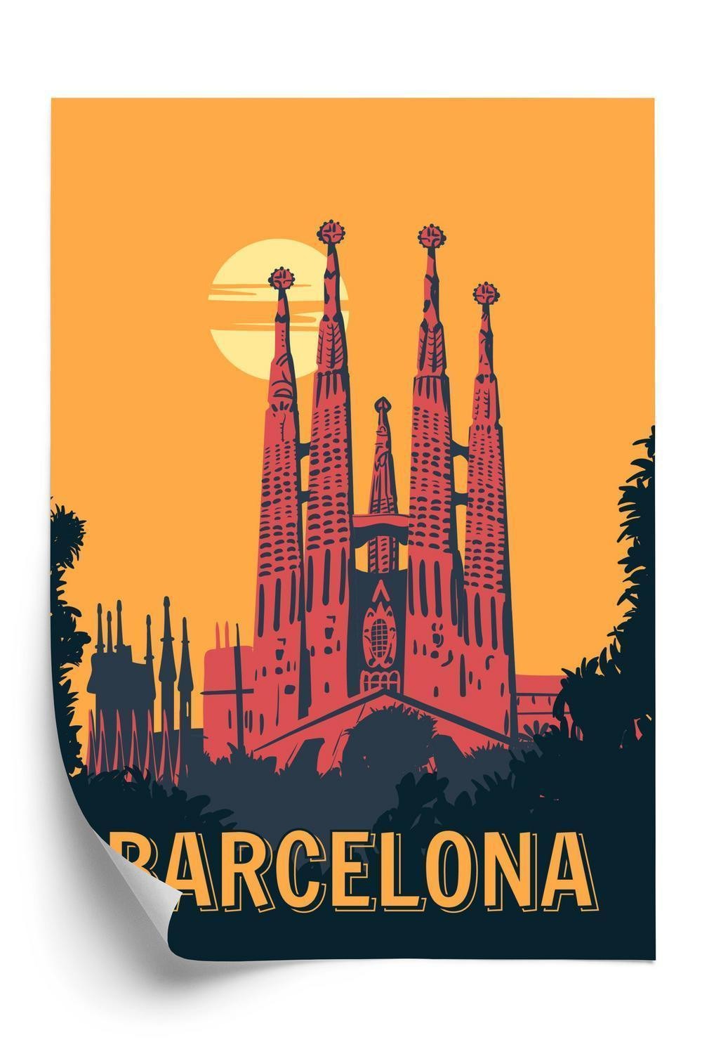 Plakat Kirke Barcelona Ved Solnedgang Vintage Stil - Doboxa Plakater
