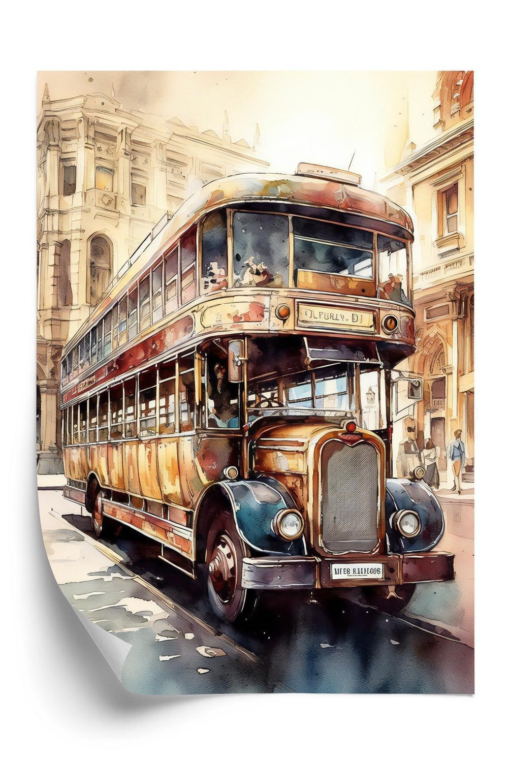 Plakat London Bus Vintage Akvarel Stil - Doboxa Plakater