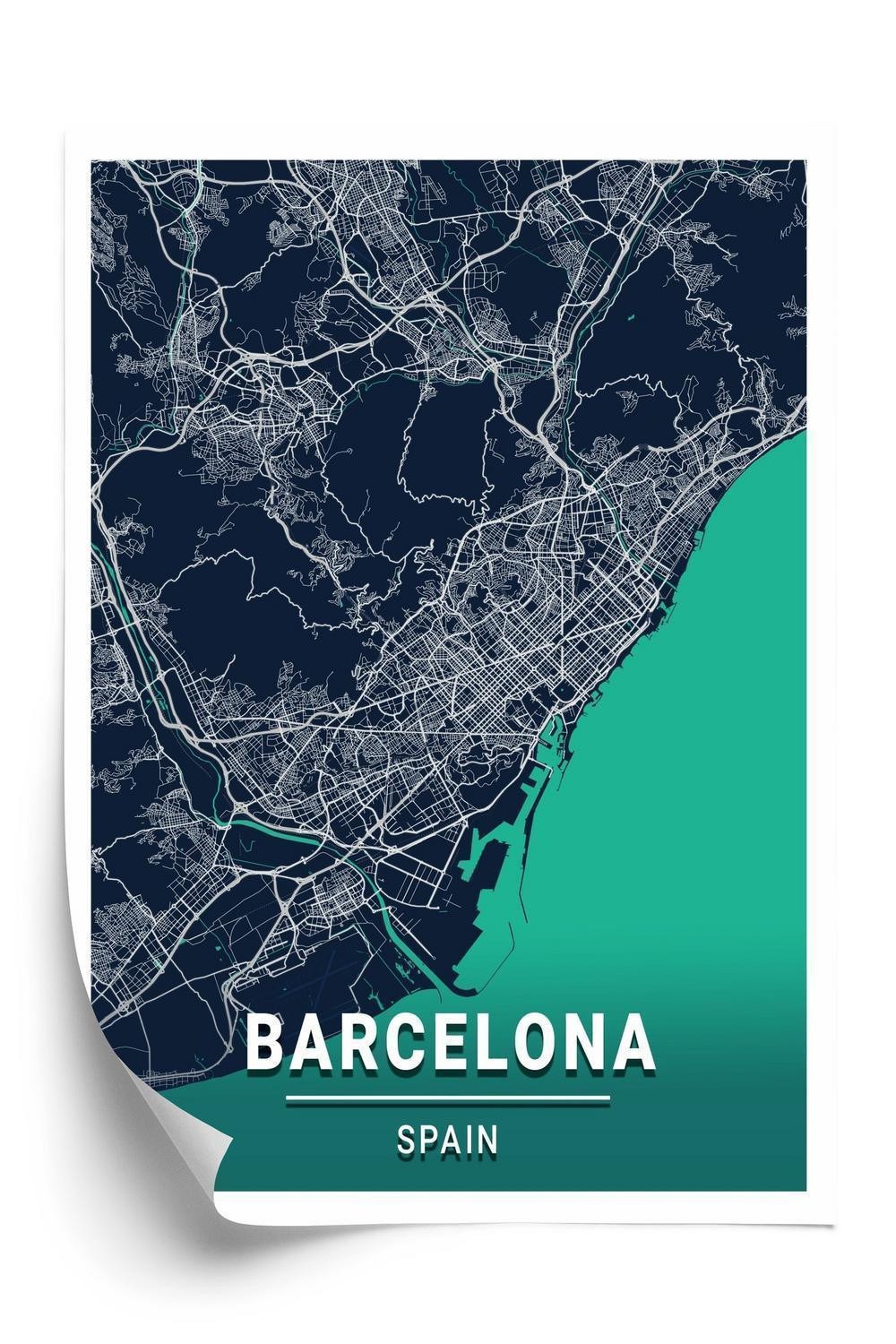 Plakat Marineblå Kort Over Barcelona - Doboxa Plakater