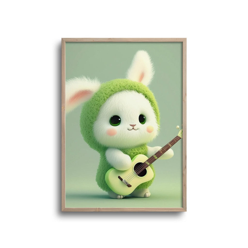 Grøn Cute Kanin Med Guitar Plakat - Plakater
