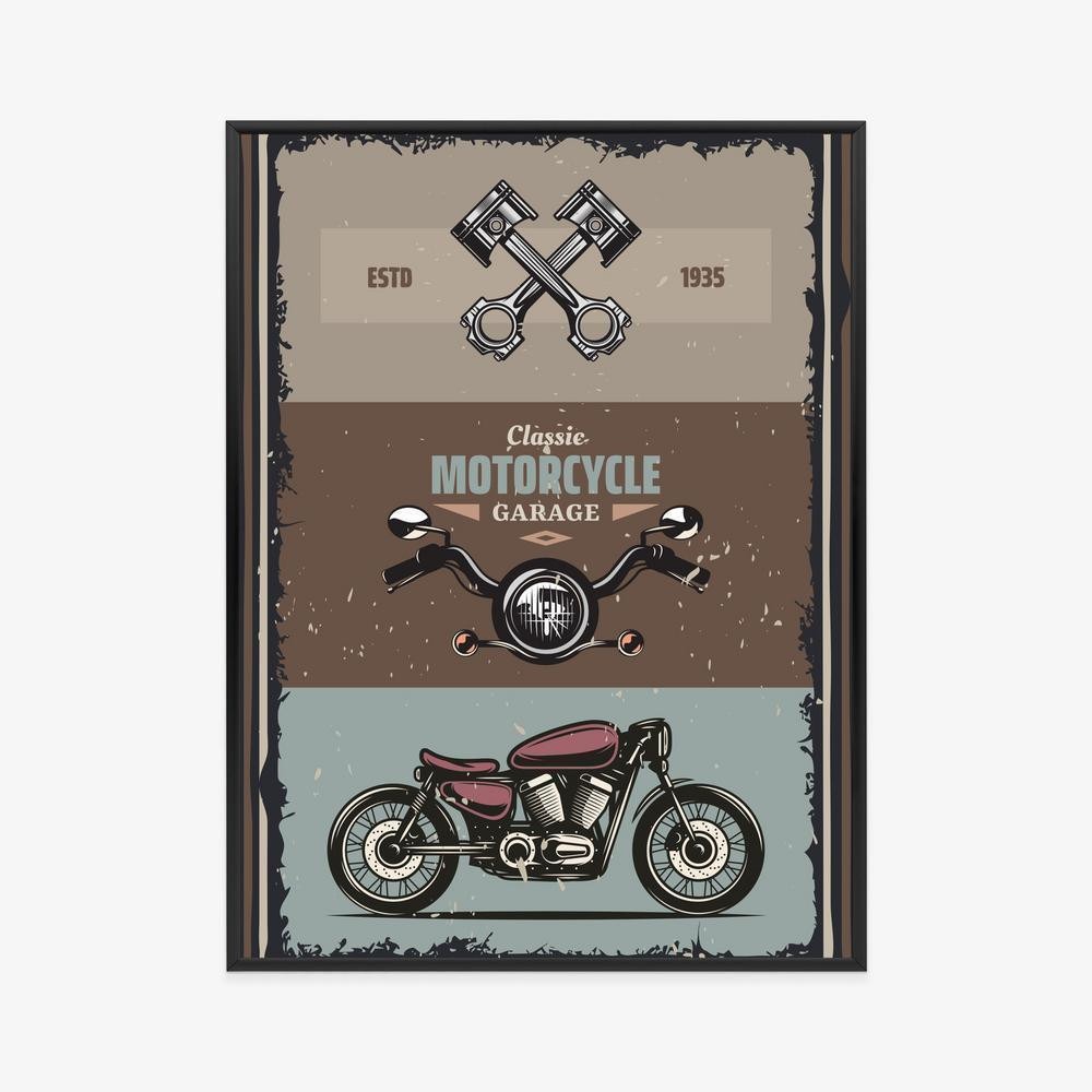 Plakat Motorcykel Med Tilbehør Bogstaver Vintage Stil Ramme - Doboxa Plakater