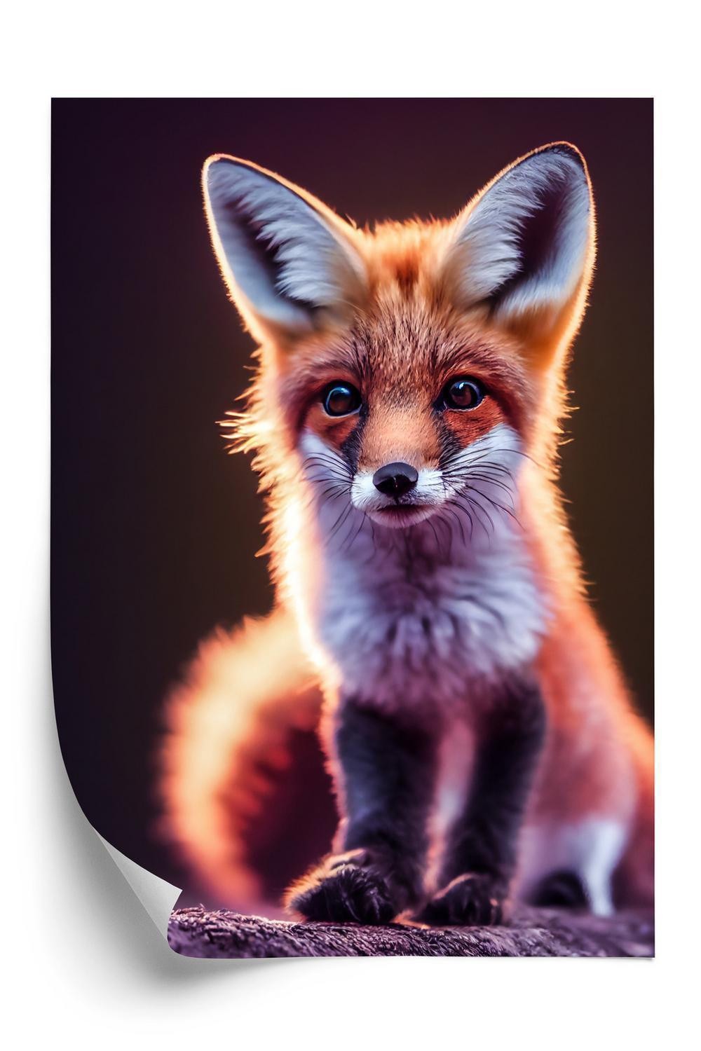 Plakat Red Fox Portrait Cute Baby Fox Sitting Stone - Doboxa Plakater