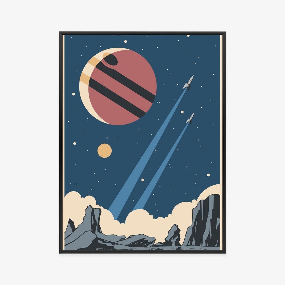 Plakat Rockets Planets And Stars Retro Style Ramme Aluminium - Doboxa Plakater