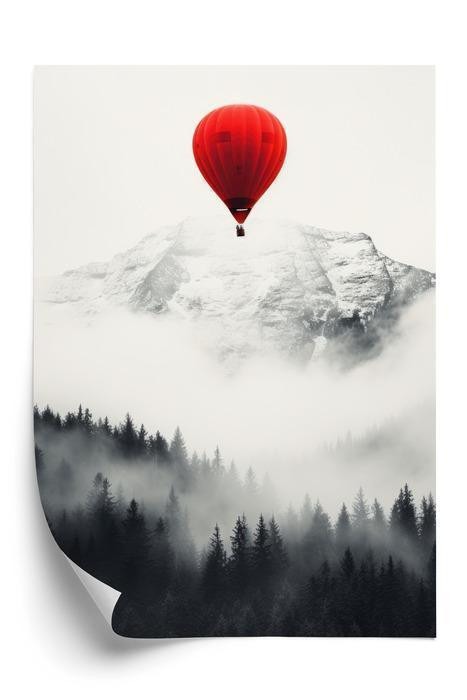 Hvid Plakat Rød Ballon Sort T Bjerglandskab Tågen - Doboxa Plakater