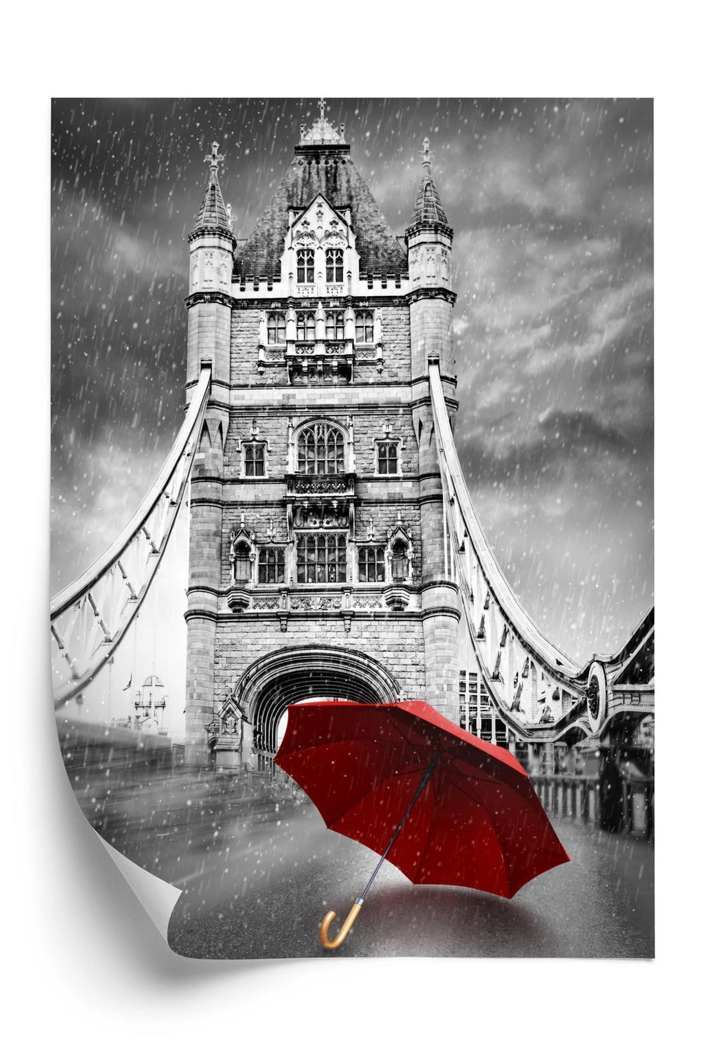 Hvid Plakat Rød Paraply Sort Baggrund Med Tower Bridge - Doboxa Plakater