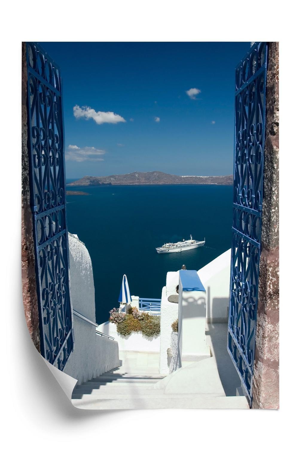 Plakat Santorini Blå Port Med Udsigt Over Havet - Doboxa Plakater