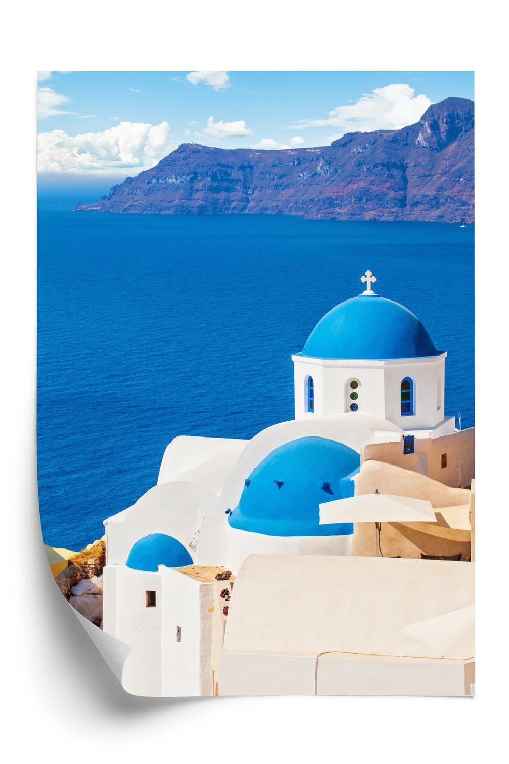 Hvid Plakat Santorini Landskab Med Kirke Udsigt Over Det Blå - Doboxa Plakater