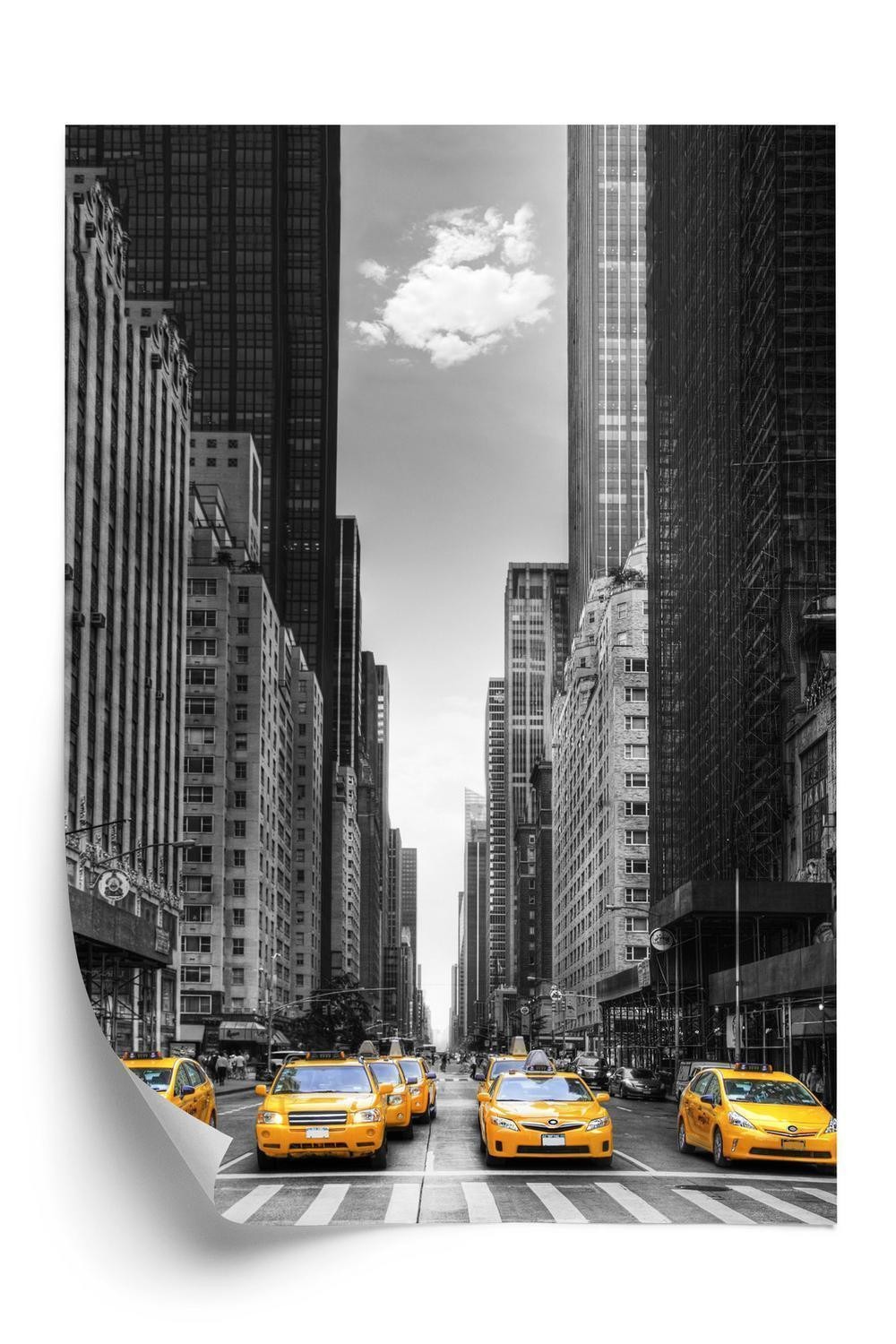 Hvid Plakat Sort New York Gade Med Gule Taxaer - Doboxa Plakater