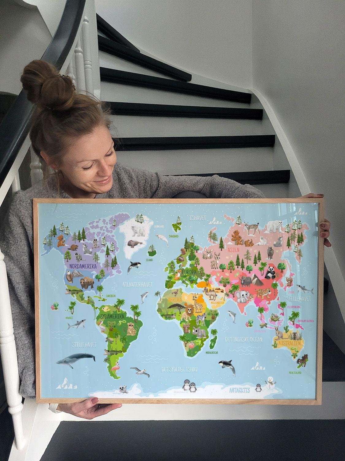 Verdenskort Til Børn Plakat Med Dyr - Unikplakat.dk Plakater